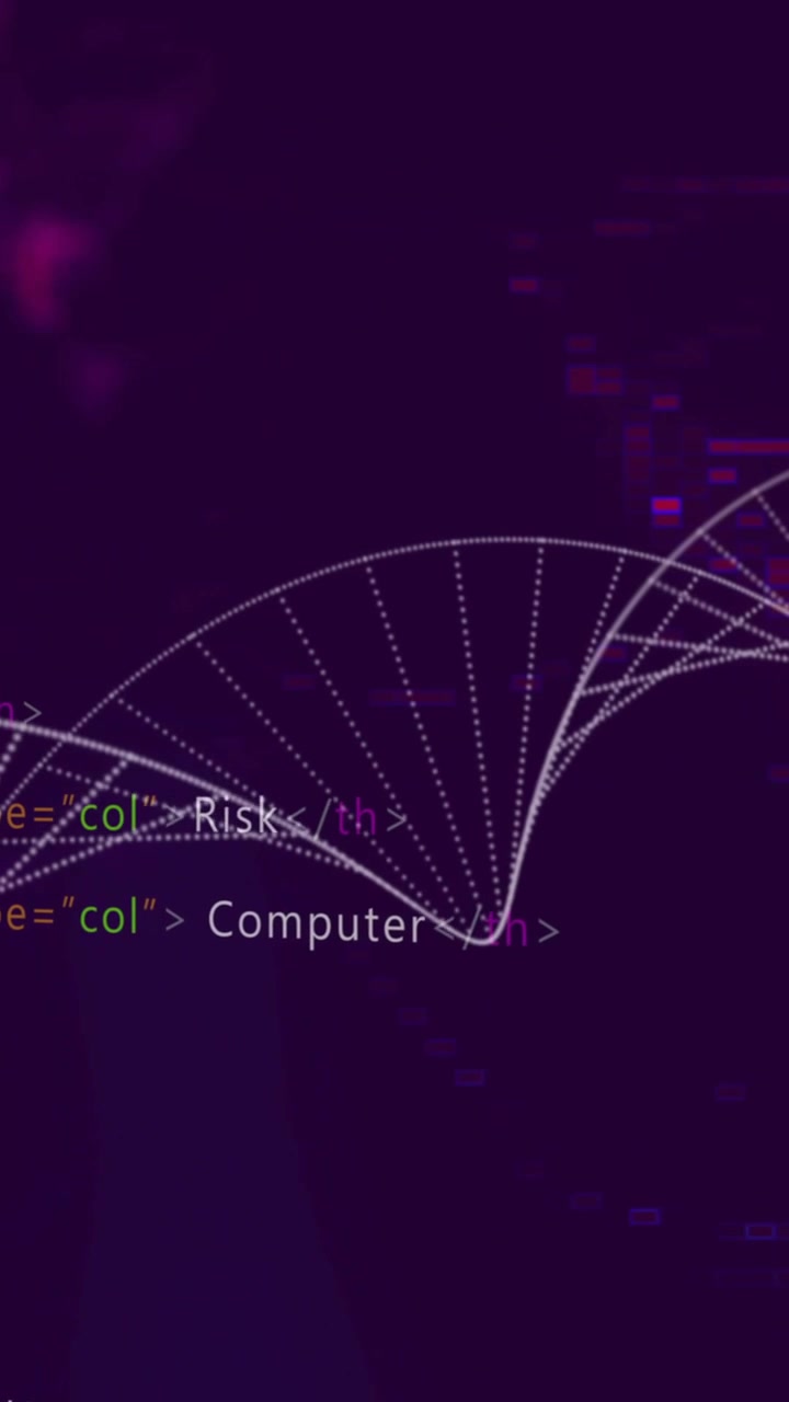 Animation of DNA strand with HTML code overlay on dark purple background