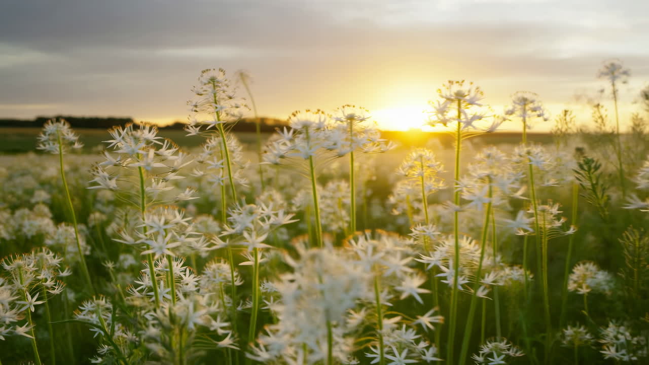 Wildflower Field At Sunrise Glowing Backlight, Sea Of Starshaped White Blooms With Tall Stems And Dew,