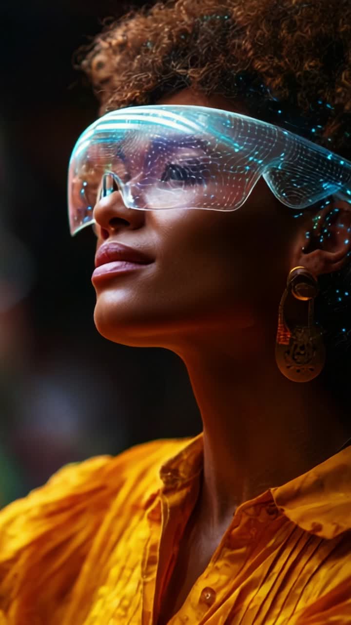 Una donna futuristica con occhiali olografici luminosi ed eleganti orecchini, che cattura un momento di innovazione e tecnologia mentre indossa una vivace maglietta gialla in un ambiente moderno
