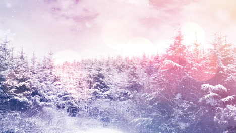 animation of glowing spots of light over snow falling and winter landscape with fir trees