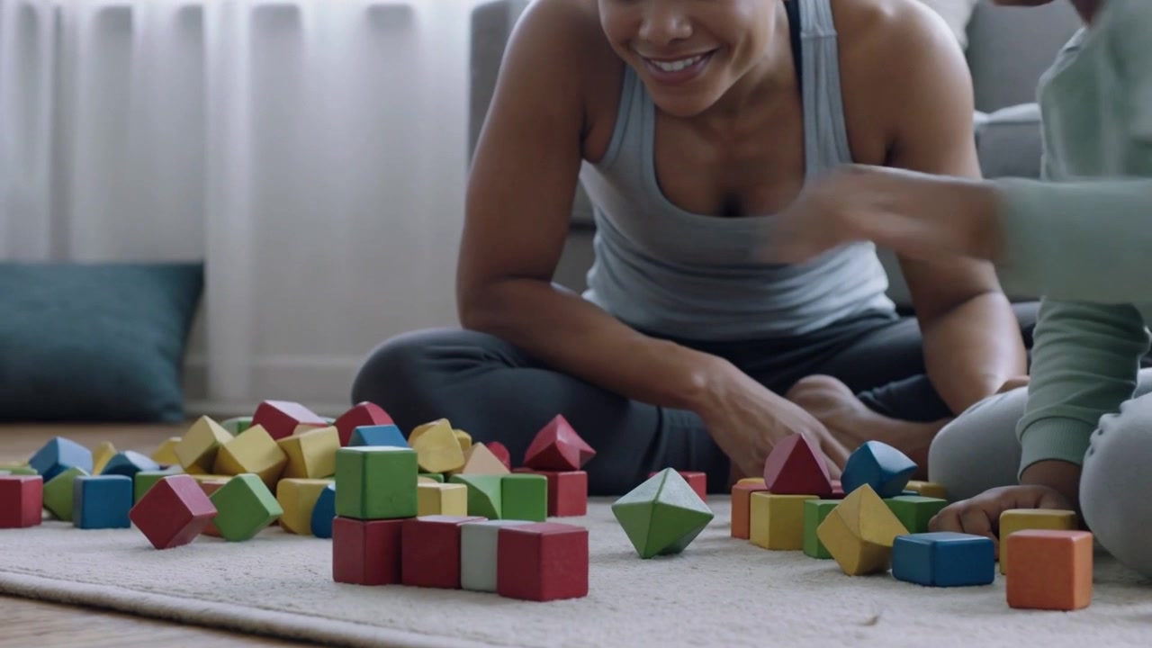 Reaching child grabbing green block, mother in tank top guiding stacking on rug, blocks