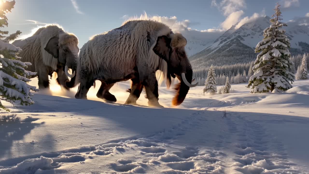 A surreal video concept featuring a woolly mammoth in a snowy landscape