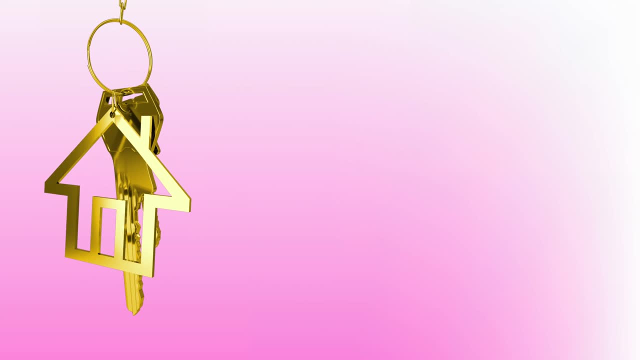 animación de llaves de casa doradas colgadas contra un fondo de gradiente rosa con espacio de copia