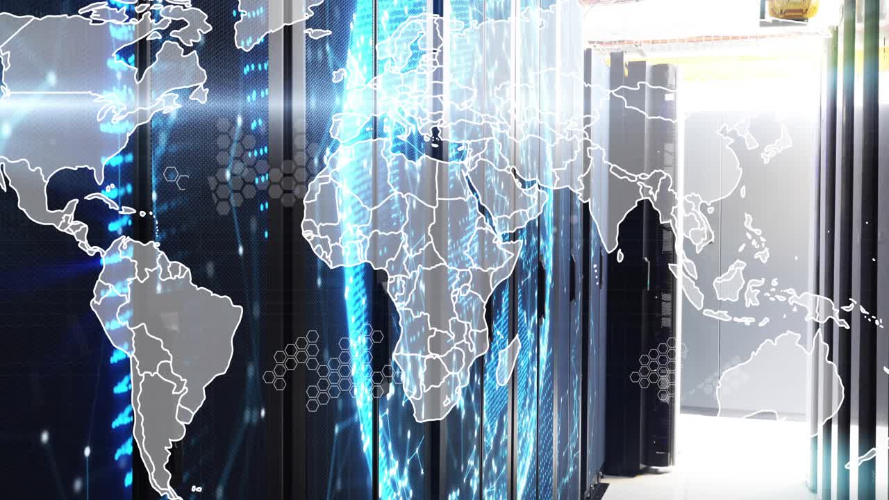 Blue particles streaming across server racks swirling into globe mapping connections showing flow