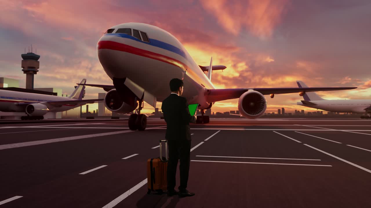 Uomo d'affari asiatico che utilizza un tablet con green screen con aereo in fase di imbarco al tramonto