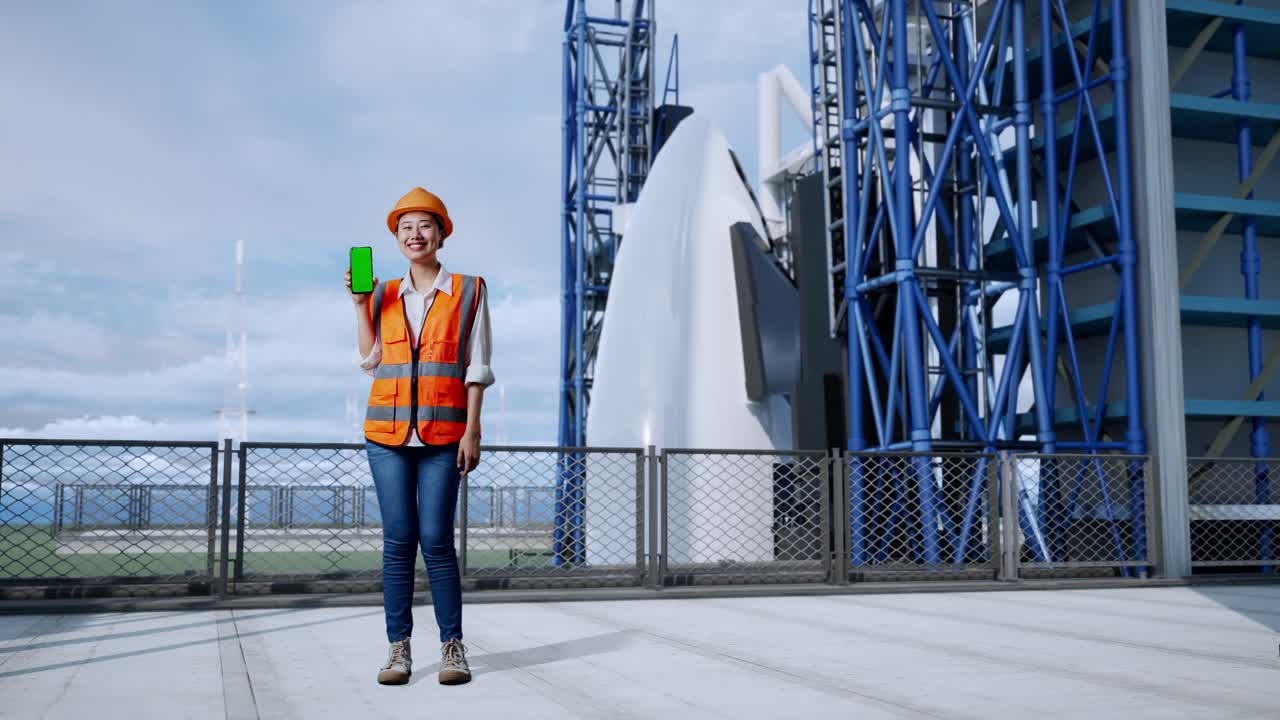 женщина-инженер с смартфоном с зеленым экраном перед пусковой площадкой ракеты