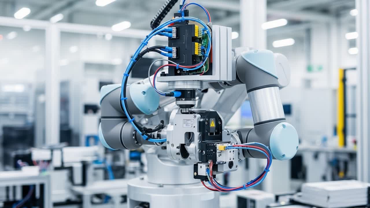 Advanced Industrial Robot With Precision Gripper and Wire Connectivity Demonstrating Automation Technology in a Modern Manufacturing Environment