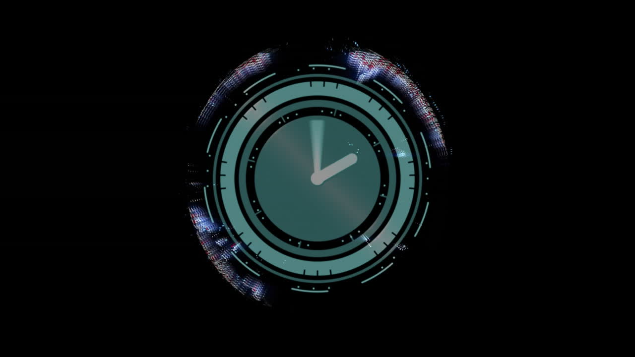 Digital elements creating futuristic clock animation on dark background