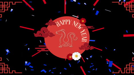 animation of happy new year text over dragon and chinese pattern