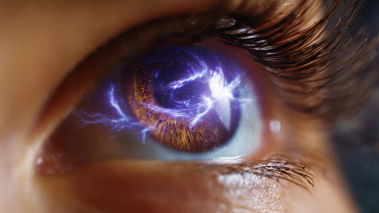 An Intense Close-Up of an Eye with a Stormy Lightning Effect, Merging Organic Beauty with Digital Artistry, Capturing the Mesmerizing Power and Intrigue in Human Vision and Expression
