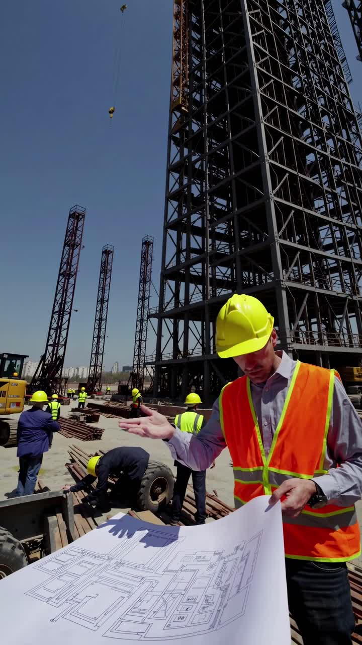 Low-angle video shot of construction workers in safety gear examining blueprints at a building site