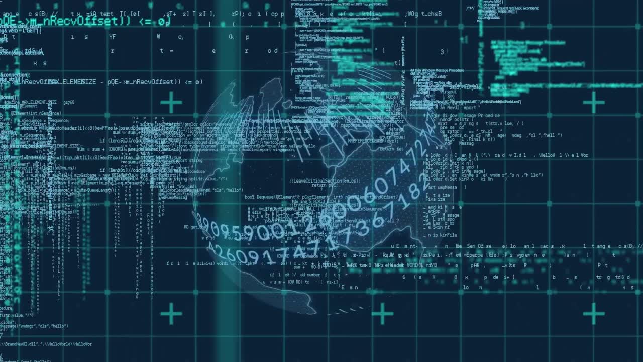 Animation of data processing and globe over black background