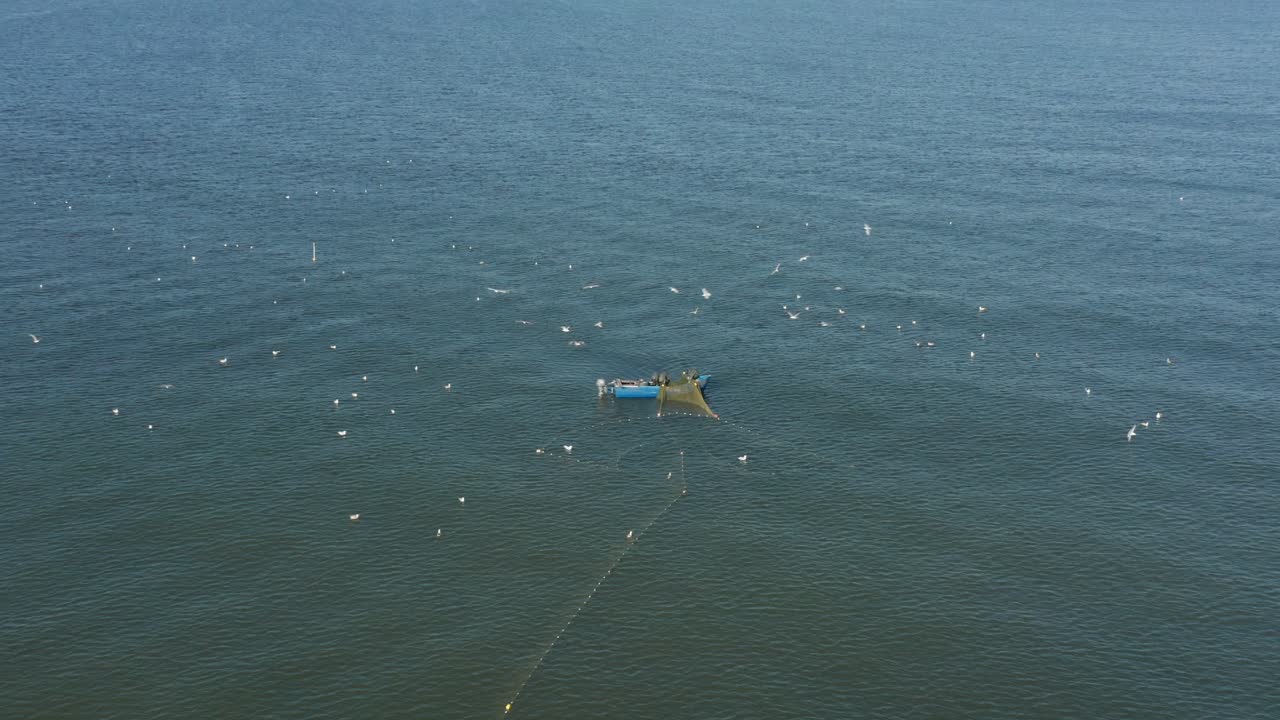 공중: 갈매기가 물고기를 찾아 날아다니며 바다에 그물을 던지는 어부들