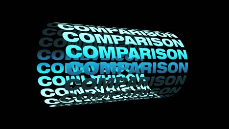 comparación de texto azul tubo de palabras animación giratoria bucle sin costuras aislado en fondo negro con canal alfa. 4k 3d renderización de texto cilindro bucle cinético.