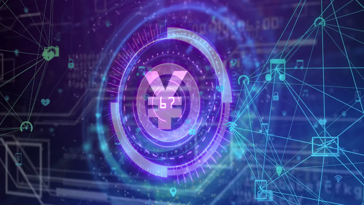 Animation of yen symbol, scopes scanning and data processing