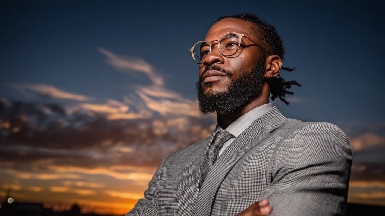 A Confident Professional Man in Formal Attire Exuding Strength and Determination Against a Stunning Sunset Background, Capturing the Essence of Ambition and Success