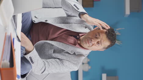 Vertical-video-of-Home-office-worker-old-man-looking-at-camera-curious-and-confused.