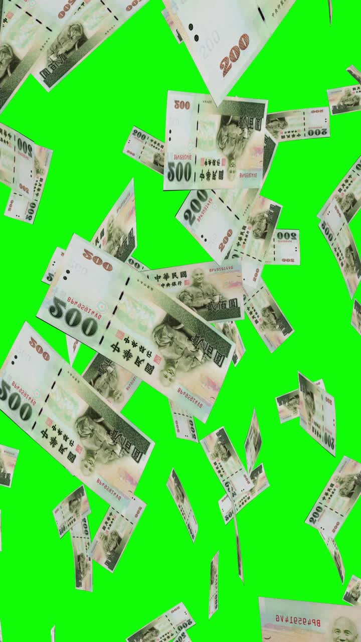 녹색 화면에 떨어지는 중국 지폐