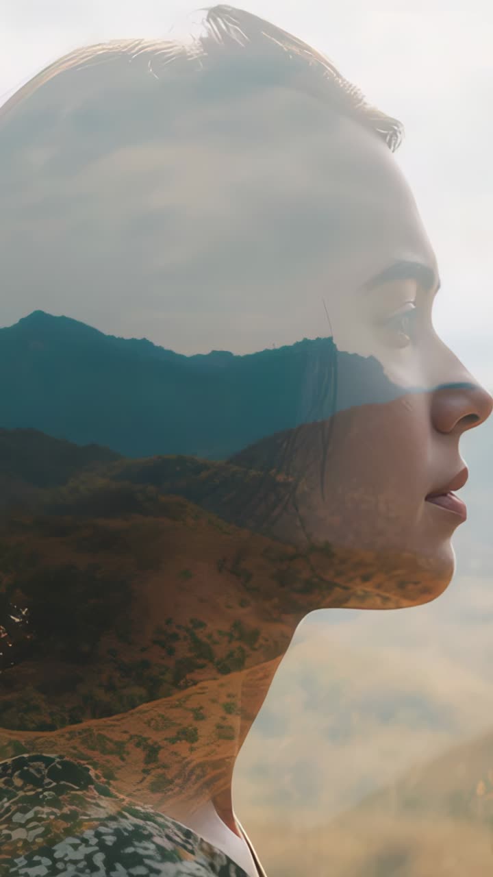 Vertical video: Starting woman standing in studio, mountain peaks merging with face, copy space