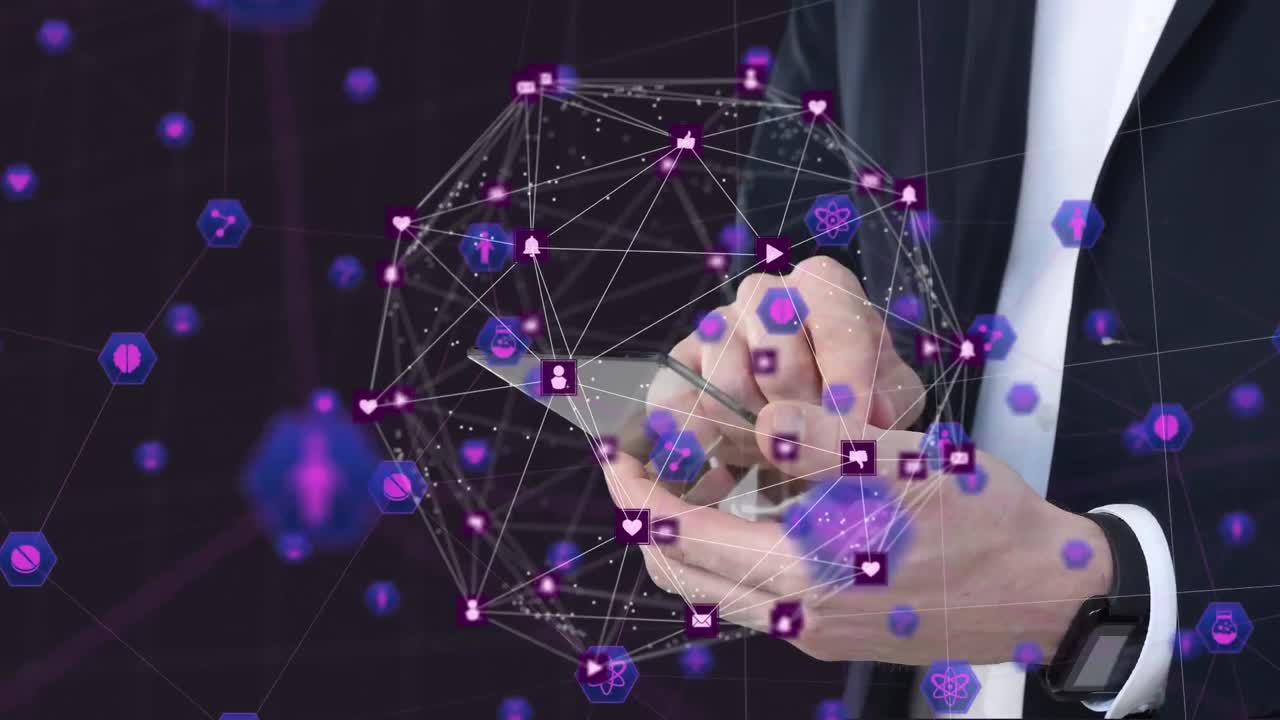 globo de iconos digitales contra el hombre de negocios usando hoja de vidrio