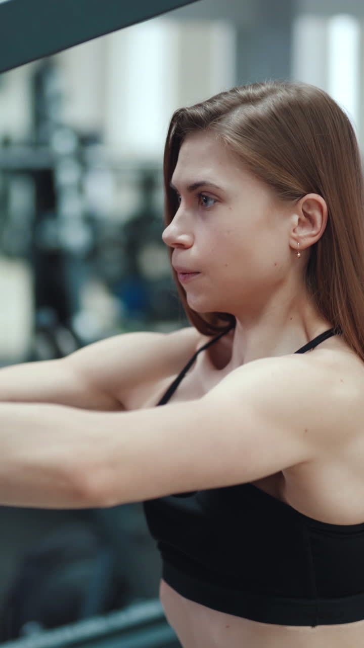 A beautiful girl with her strong arms performs an exercise on a simulator to strengthen the pectoral muscles in a fitness club. Close-up. Blurred Background Vertical video