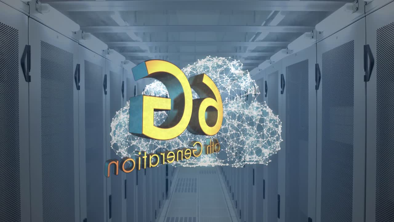 animación de texto de 6g sobre procesamiento de datos y sala de servidores