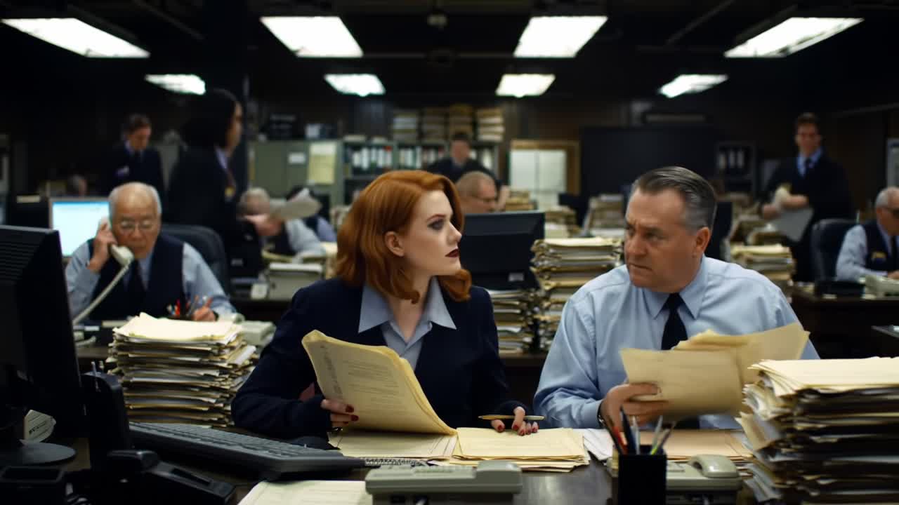 In a bustling office filled with stacks of documents, a focused woman reviews papers while a man beside her works diligently, embodying the diligence of the work environment