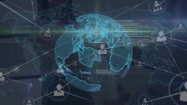 Animation of globe, connections and data processing