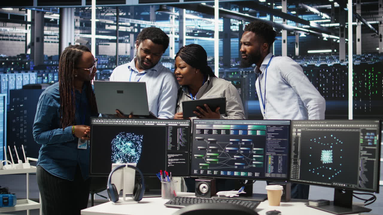 Smiling server hub engineers using AI algorithms and node tree systems