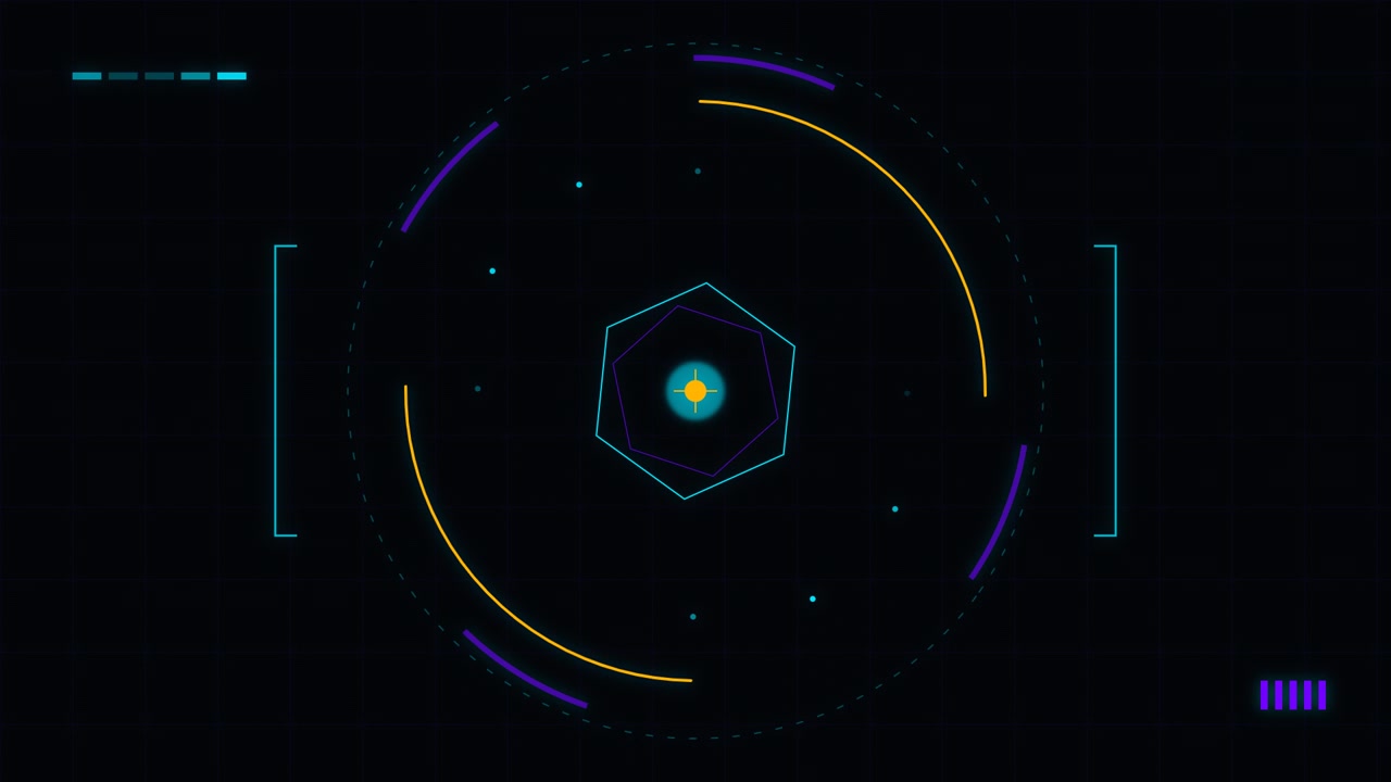Futuristic Digital HUD Interface with Rotating Hexagon and Circular Elements
