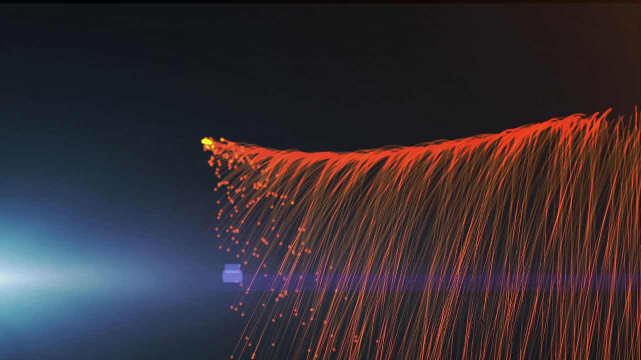 Animation of orange light trails falling and blue light spot against black background