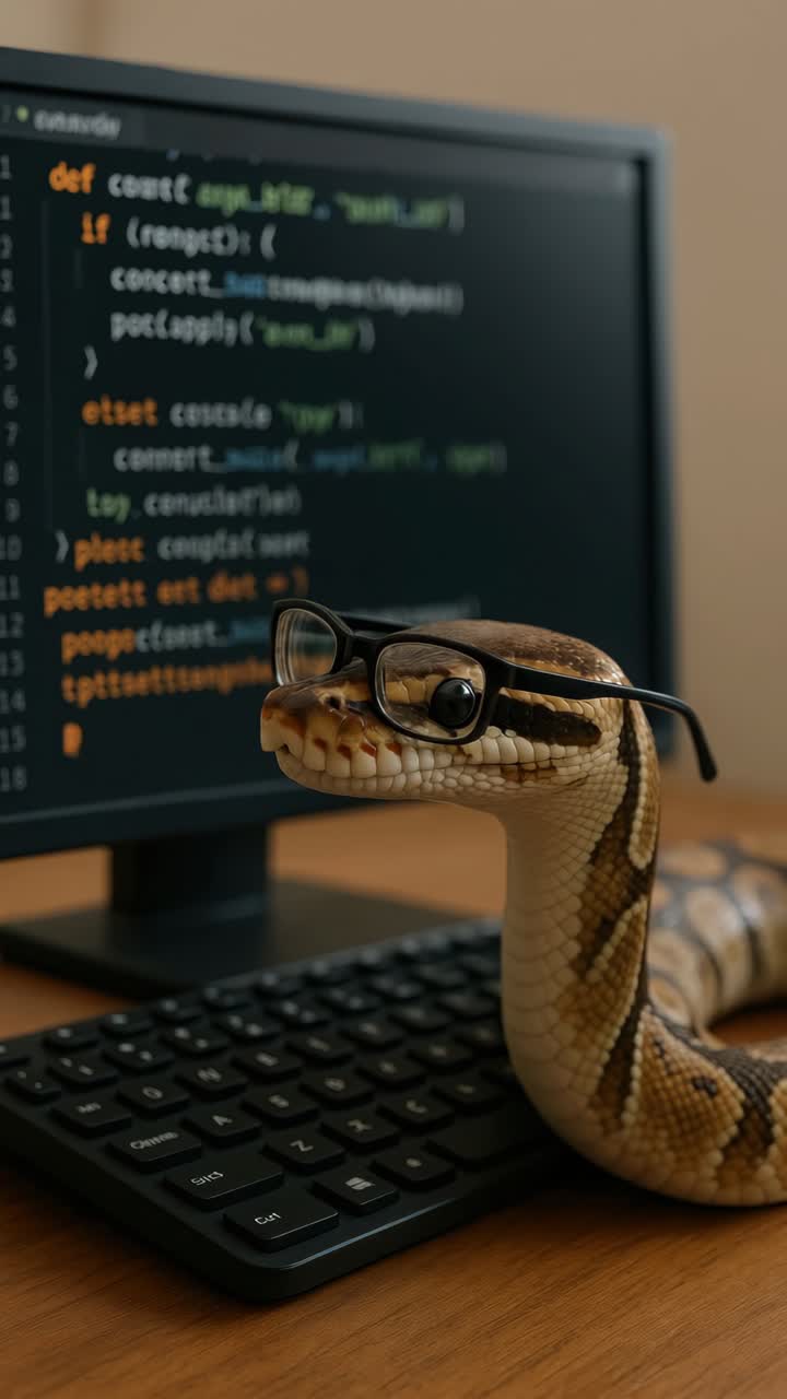 Eine Schlange mit Brille auf einer Tastatur vor einem Computerbildschirm mit Code