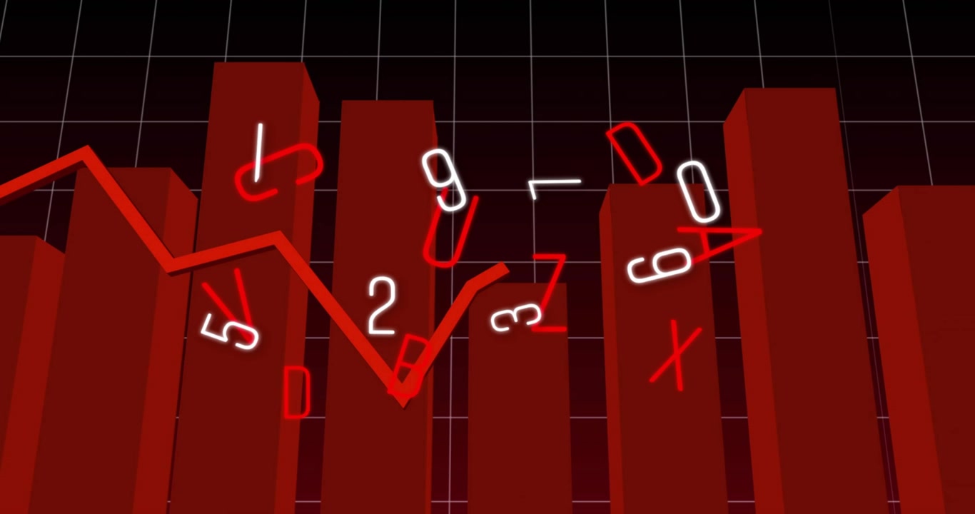 Rising 3D red bars sparking data chars scattering, aligning into jagged trend line on dark grid