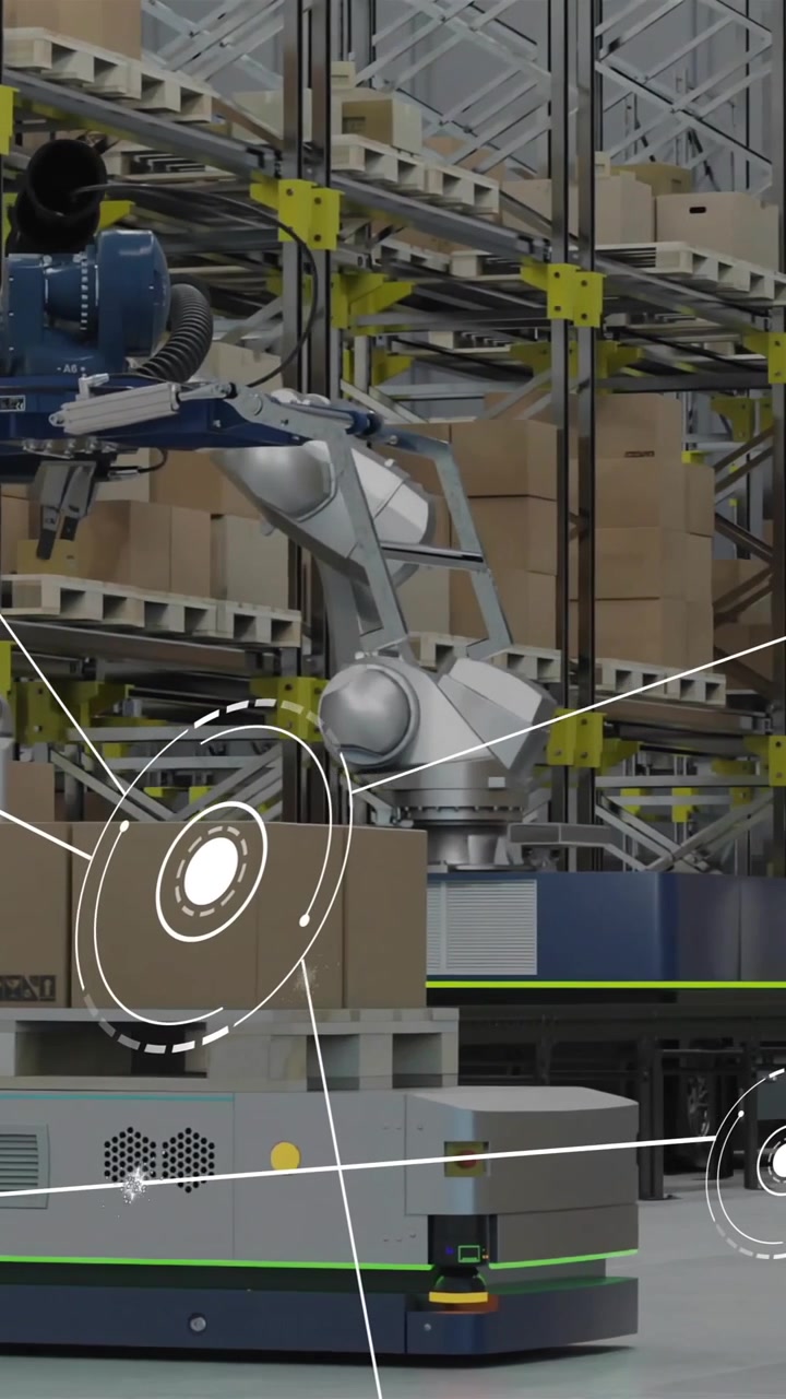 Animation of network of connections with icons over robot in warehouse