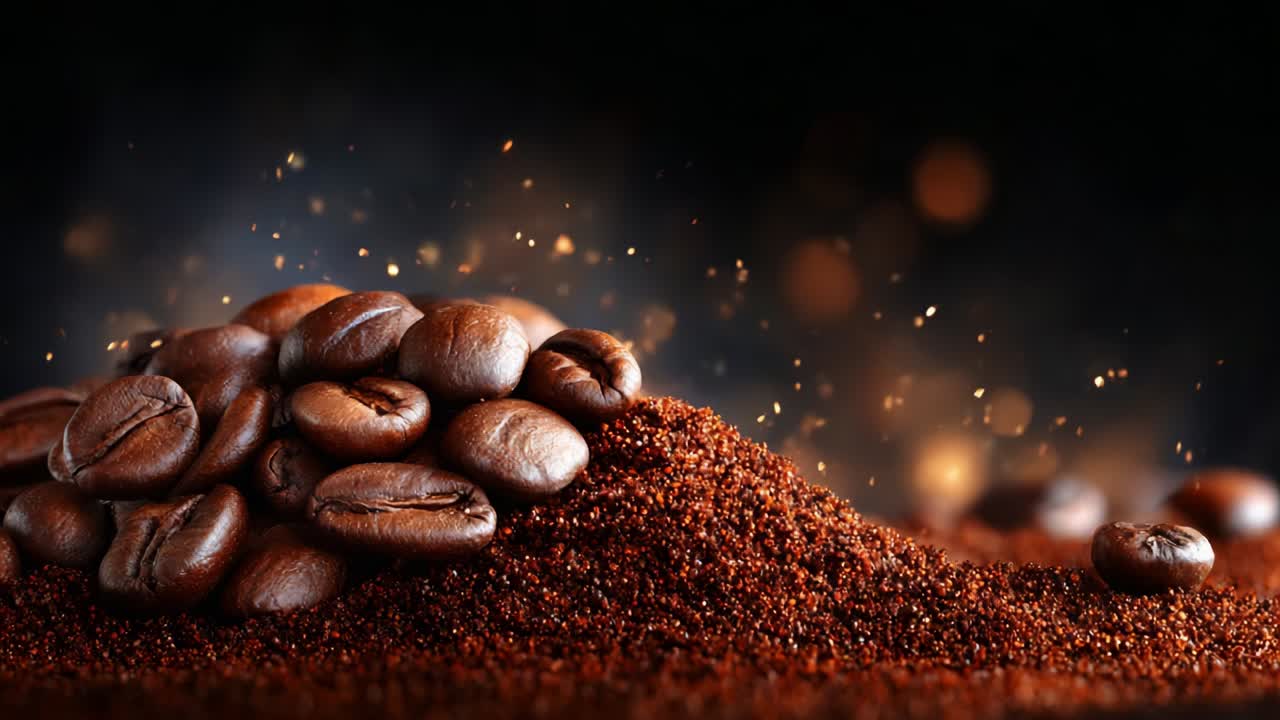 A Stunning Close-Up of Freshly Ground Coffee Beans and Rich Coffee Grounds with Glimmers of Light, Capturing the Essence and Aroma of Each Grain in an Artful Arrangement that Evokes Warmth and Invigoration