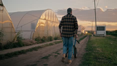 Rückansicht-Eines-Glücklichen-Bauern-In-Einem-Karierten-Hemd,-Der-Eine-Schubkarre-Rollt-Und-Auf-Einem-Erdweg-Entlang-Der-Gewächshäuser-Auf-Der-Farm-Läuft