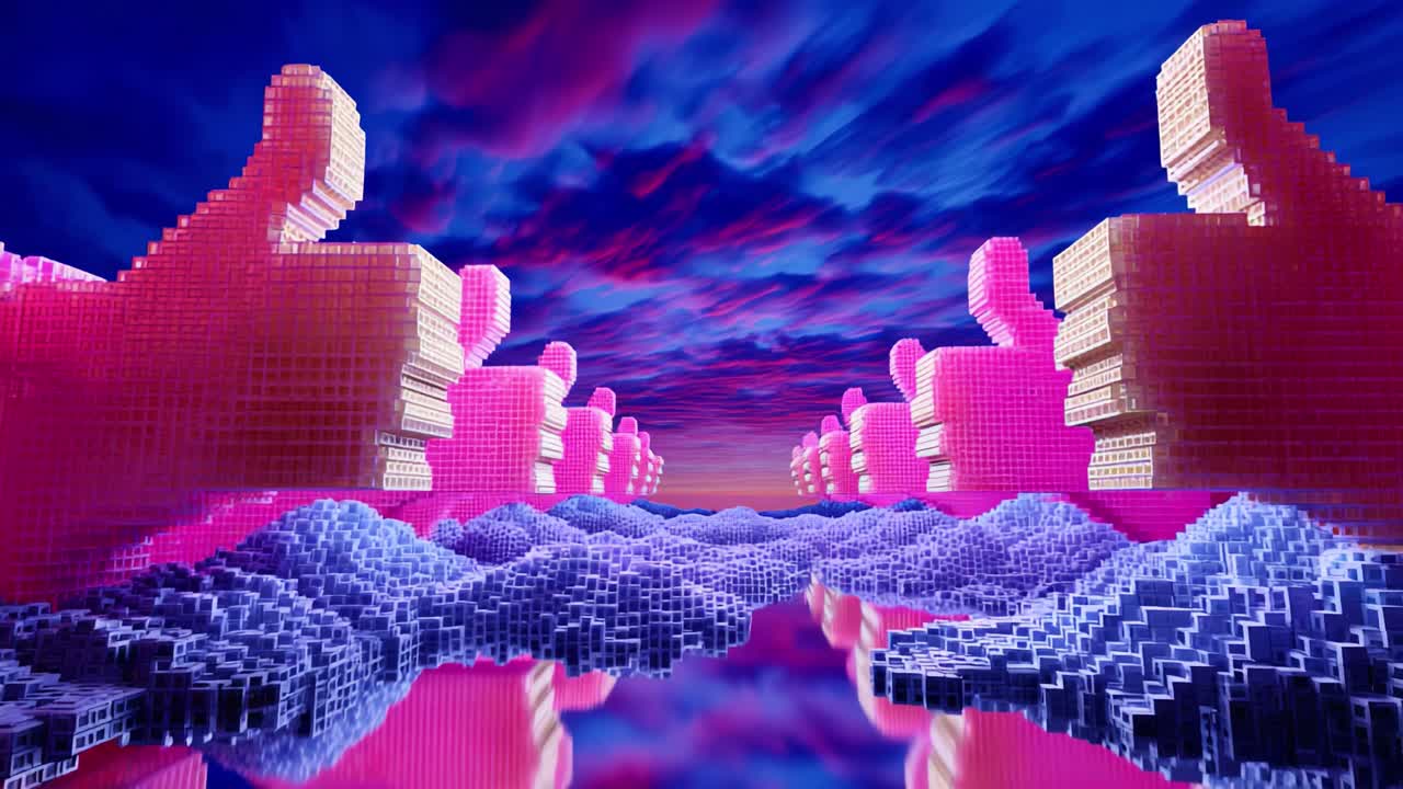 A Stunning Visualization of Digital Interactions, Represented by Large Pixelated Thumbs-up Icons Against a Vividly Colored Sky and Reflected in a Calm Water Surface, Evoking Feelings of Approval and Connection
