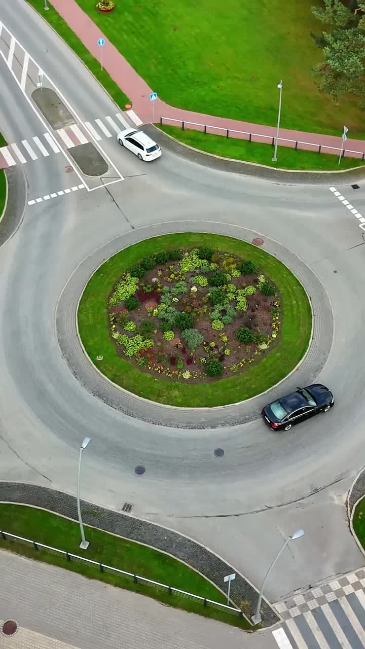 Vertical aerial of roundabout and road layout showing modern infrastructure