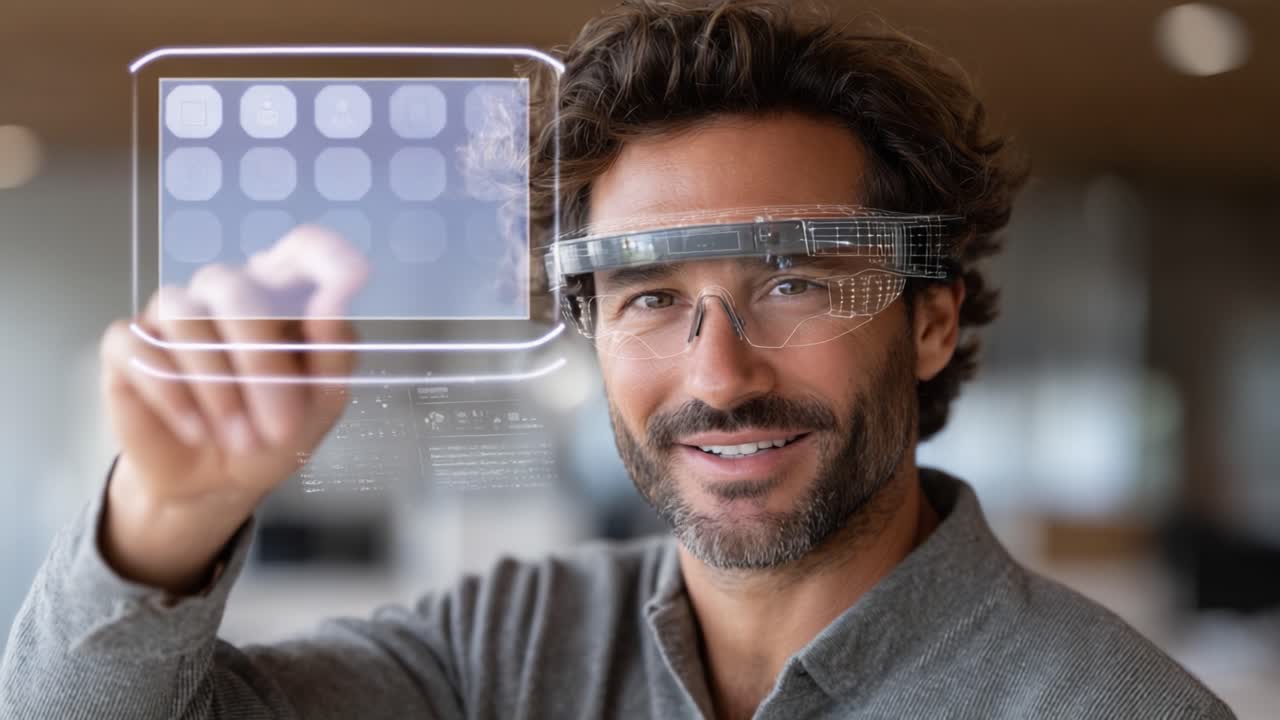 A Man Engaging with Augmented Reality Technology While Wearing Smart Glasses, Demonstrating Advanced Digital Interfaces and Interaction Capabilities in a Modern Workspace
