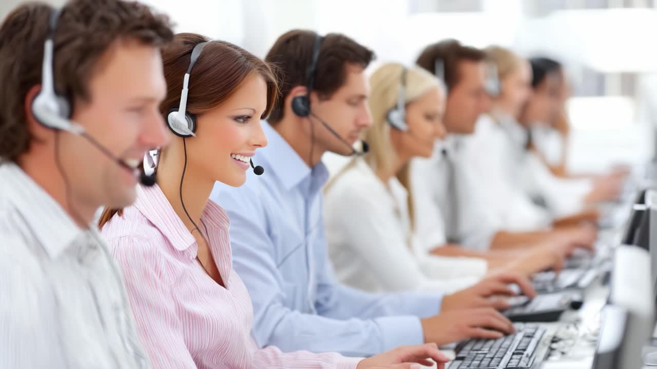 Engaged Customer Service Representatives Working Together in a Modern Call Center Environment, Utilizing Headsets and Computers for Efficient Communication and Support