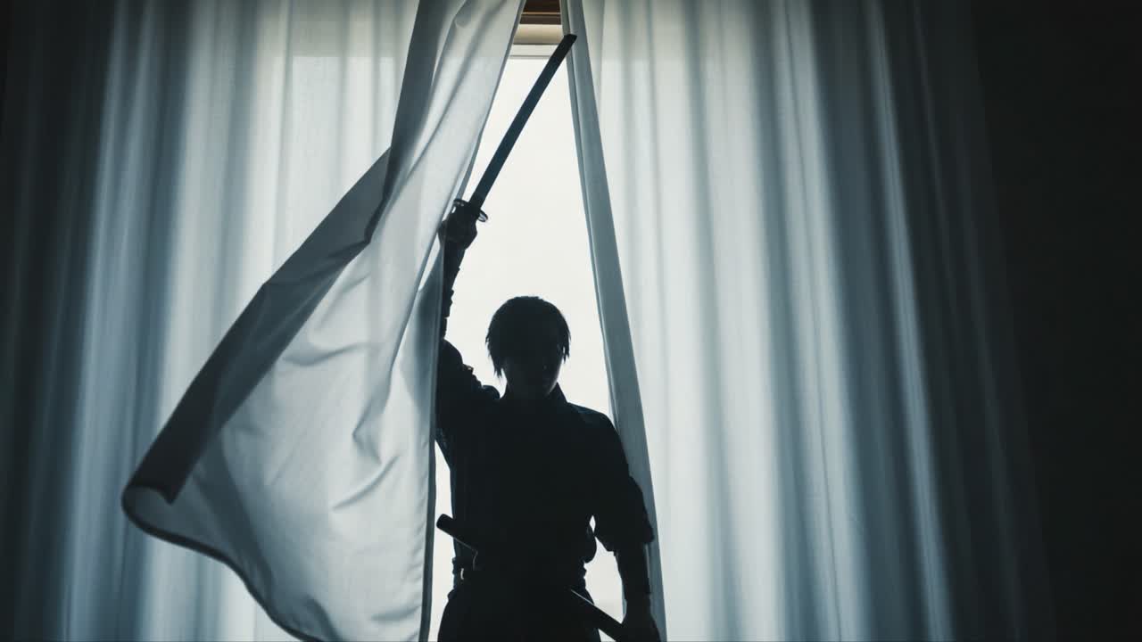 A Mysterious Warrior Silhouetted Against Flowing Curtains, Brandishing a Long Pole While Preparing for an Intense Moment in a Shadowy Environment