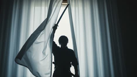 a mysterious warrior silhouetted against flowing curtains, brandishing a long pole while preparing for an intense moment in a shadowy environment