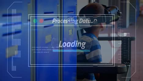 Animation-Der-Datenverarbeitung-Auf-Dem-Bildschirm-über-Einem-Jungen,-Der-Ein-VR-Headset-Verwendet