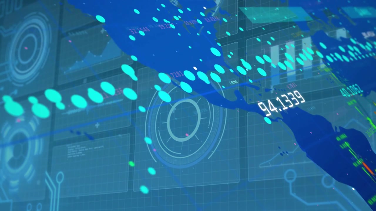 Abstract data visualization showing blue map with turquoise nodes moving on tiled panels with HUD
