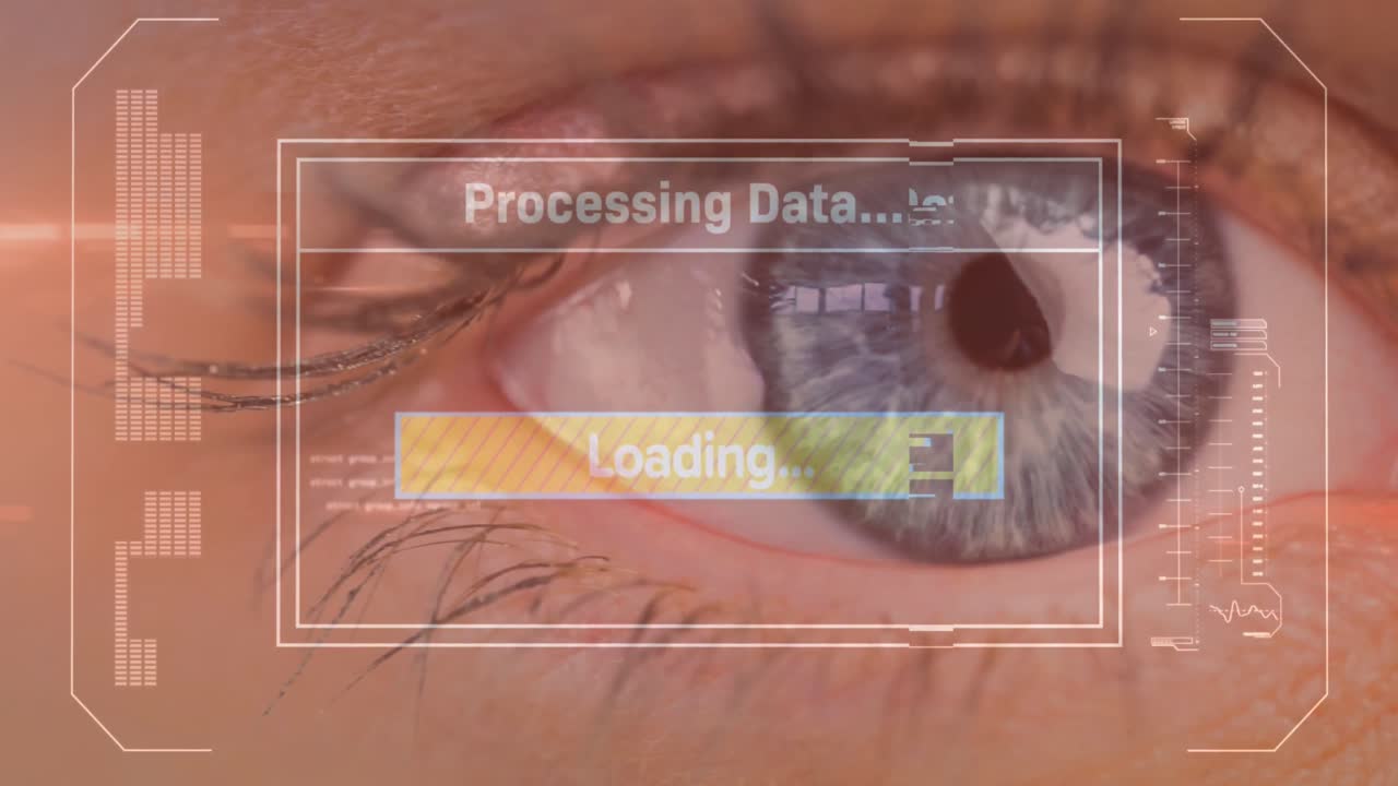 Animation of data processing on screen over woman's eye