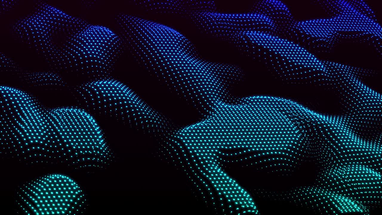 animazione ad onde blu astratte. particelle che scorrono, sfondo a loop scuro, screensaver, carta da parati dal vivo. superficie gradiente luminosa con punti. concetto cibernetico o tecnologico. filmati di stock dinamici