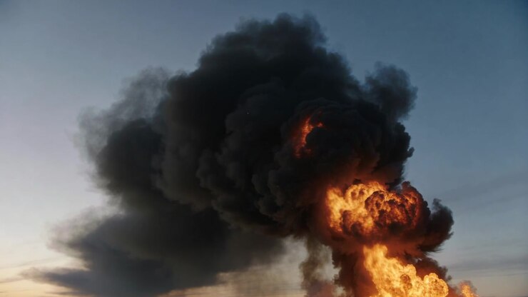 Igniting at lower right, black smoke plume rising and spreading over dusk sky, flames glowing
