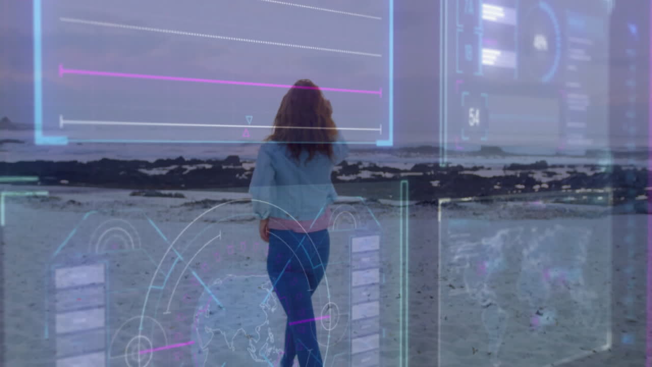 Woman walking on beach with digital graphs and data overlay animation