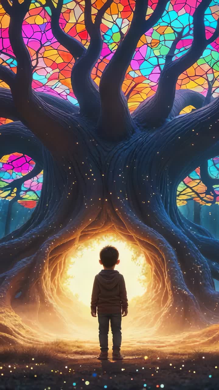 Vertical video: Reacting to glow hooded child watching glowing tree in grove with golden filaments