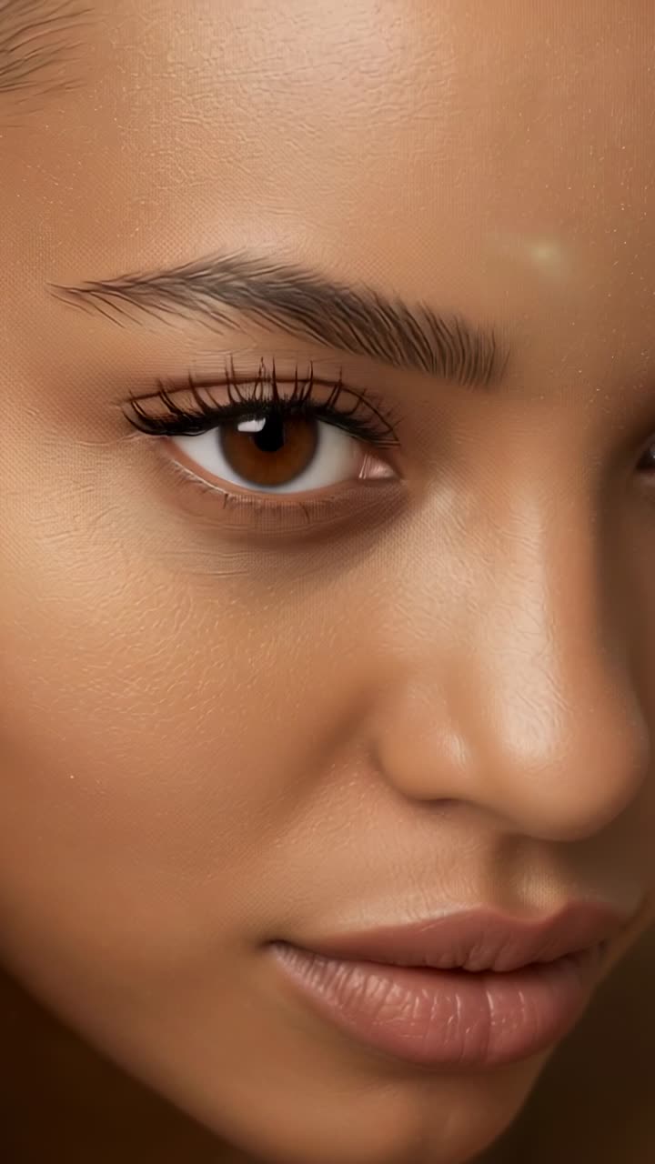 Vertical video: Responding to forehead gleam, model opening eye in studio with eyeliner and lashes